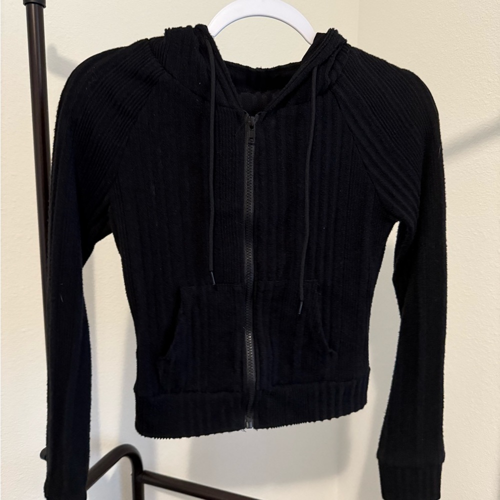 Black Ribbed Zip-Up Hoodie